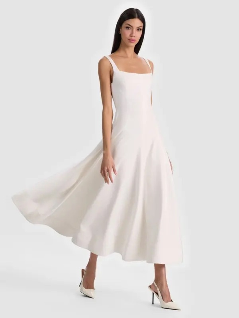Alice + Olivia Polly Off White Square Neck Flared Midi Dress